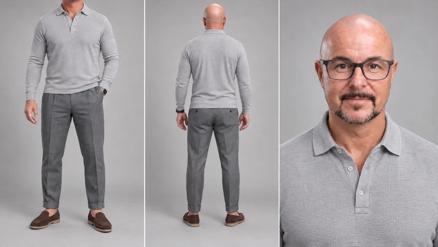 Character reference sheet for the presenter in the ad: full body from the front, full body from behind, and a close-up of the face, in a grey polo shirt and trousers