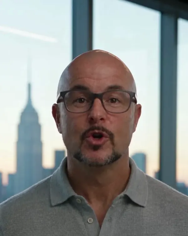 The same presenter in a high-rise office with the New York skyline behind him